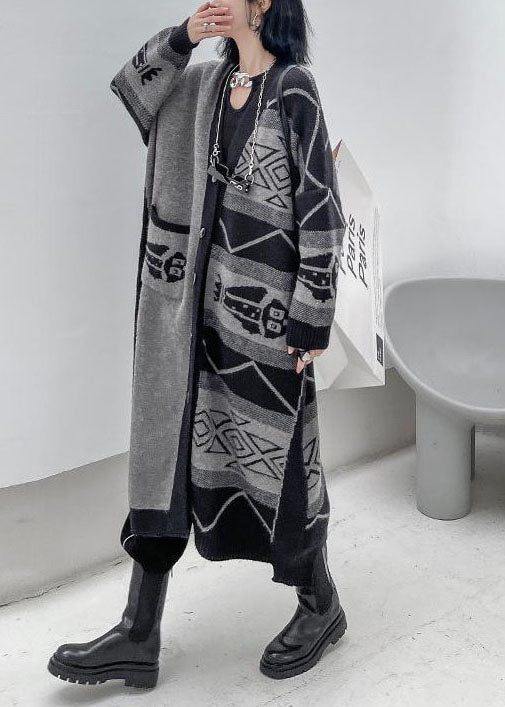 Women's Gray V Neck Asymmetric Design Printed Knit Long Jacket Long Sleeve Spring