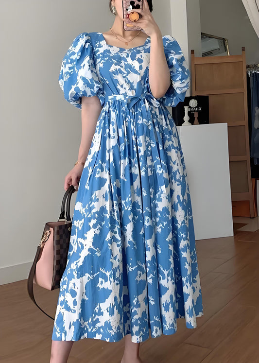 Women's Italian Blue Tie Waist Cotton Long Dress Square Neck Bubble Sleeve Spring