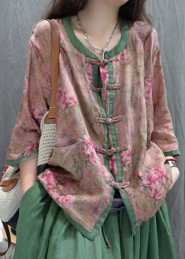 Women's Loose Printed Chinese Buttoned Cotton Shirt Long Sleeve Top