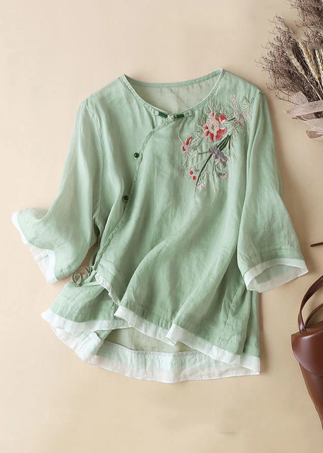 Women's Cotton Linen Linen Embroidery Button Short Sleeve Shirt