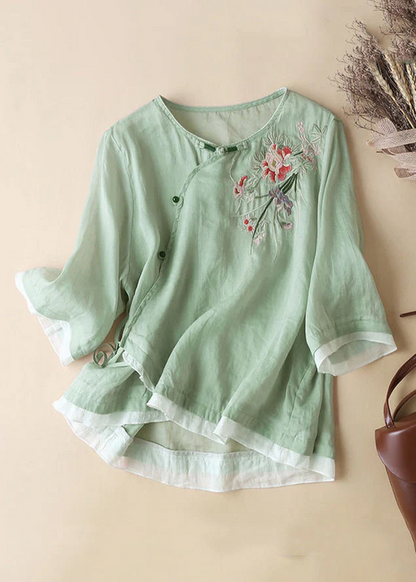 Women's Cotton Linen Linen Embroidery Button Short Sleeve Shirt