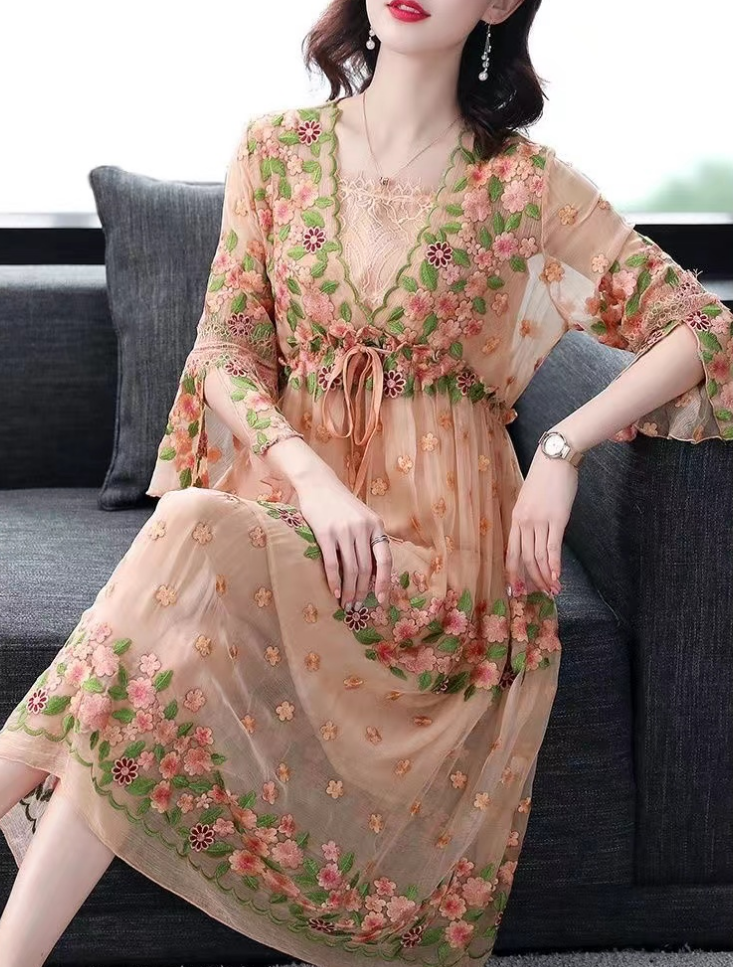 Embroidered Lace-Up Flared Sleeve Dress
