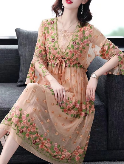 Embroidered Lace-Up Flared Sleeve Dress