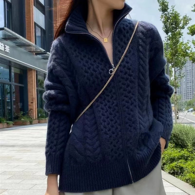 Zipper Casual Wool Knit Top Jacket