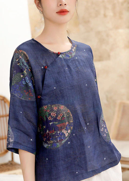 Elegant Button O Neck Printed Linen Shirt Half Sleeve Top