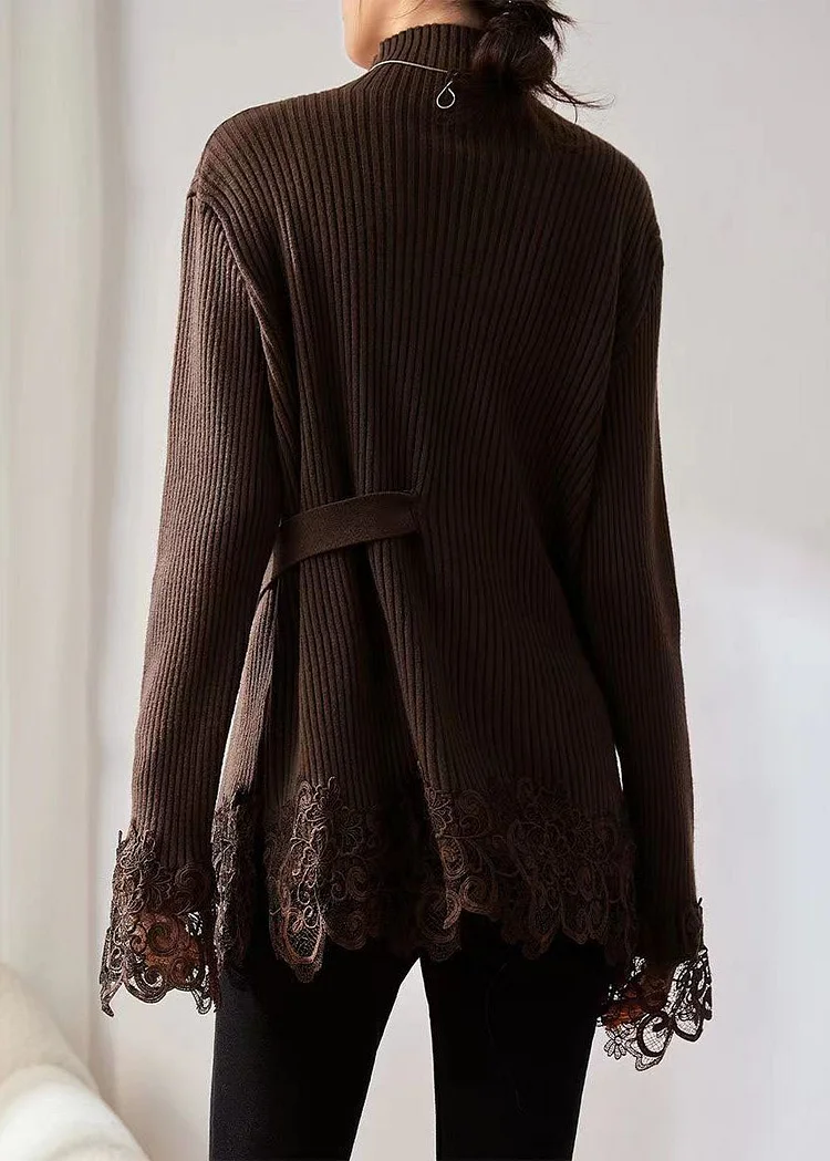 Women's Loose High Neck Lace Patchwork Cotton Knit Sweater Long Sleeve
