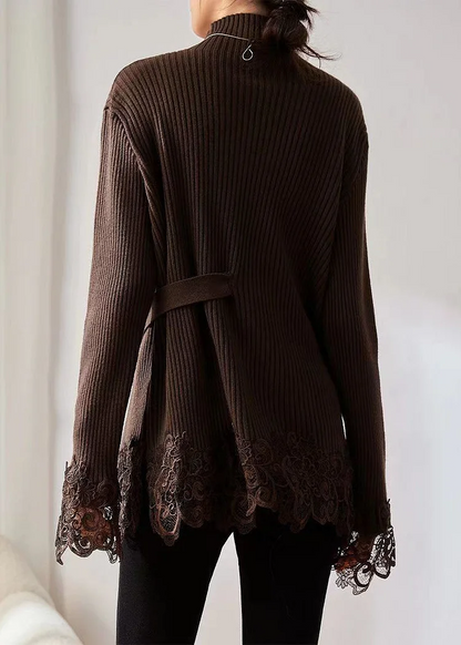 Women's Loose High Neck Lace Patchwork Cotton Knit Sweater Long Sleeve