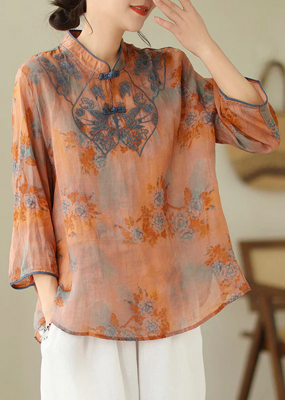 Loose Stand Collar Embroidered Printed Cotton Shirt Top