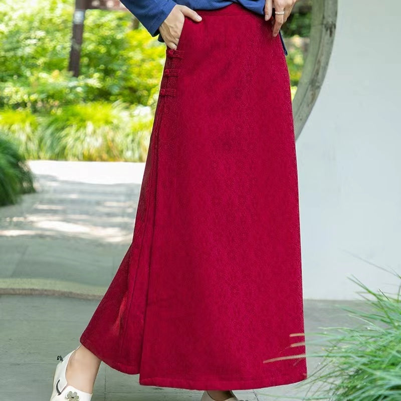 Elegant Vintage Jacquard Asymmetric Button Down Skirt