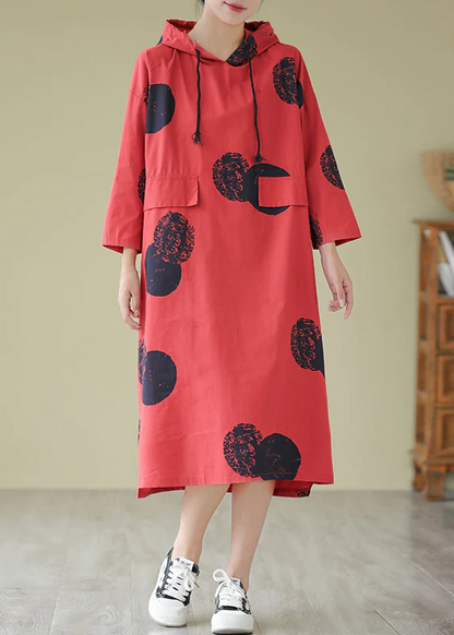 Women's Hooded Polka Dot Printed Cotton Dresses
