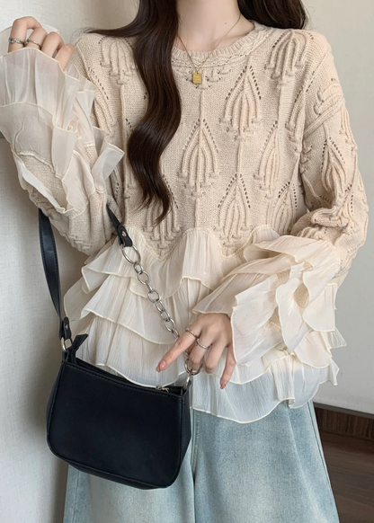 Women's Mom Party Apricot Ruffle Patchwork Knit Sweater Top