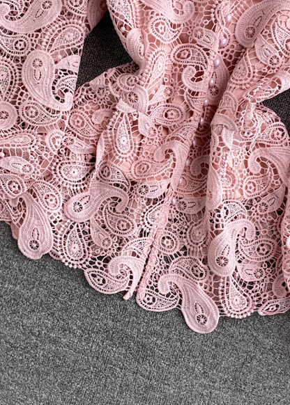 Women's Round Neck Hollow Corset Lace Top Long Sleeve Spring