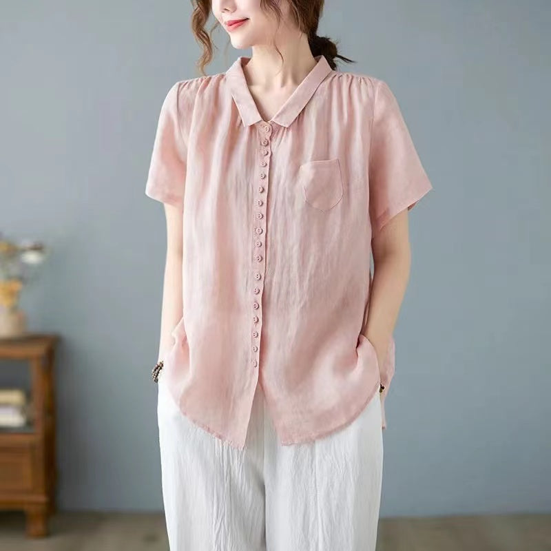 Vintage Collar Buttoned Linen Shirt Long Sleeve Top