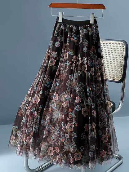Fashion Mesh Printed Pleated Double Layered Hem Skirt