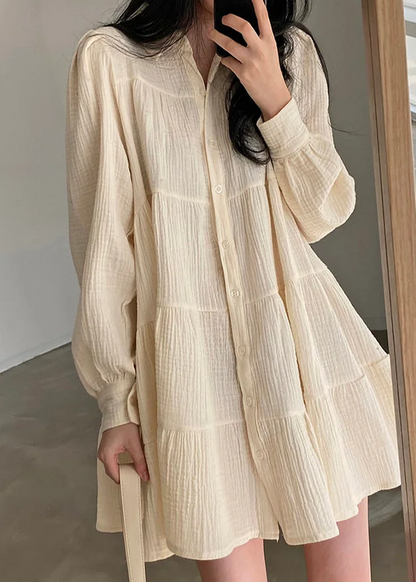 Women's Beige Oversized Pleated Linen Shirt Dress