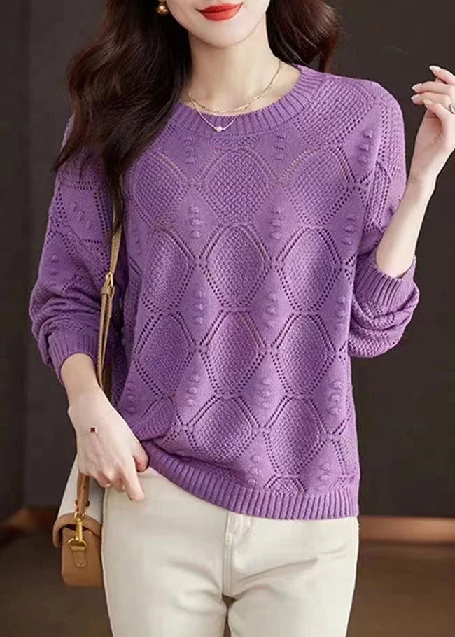 Women's round neck cut-out cotton knit sweater