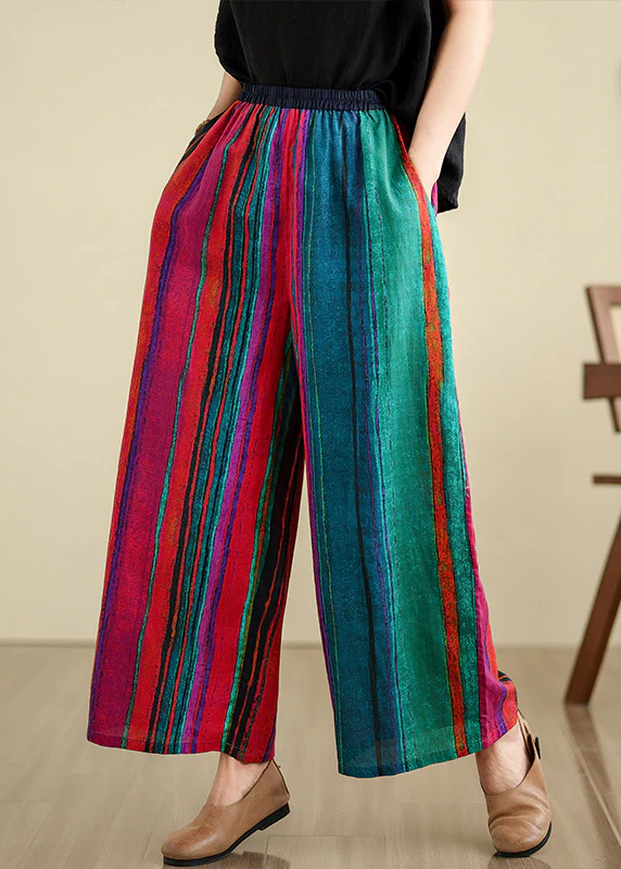 Women's Red Colorblocking Pocket Stripe Linen Wide Leg Pants Summer