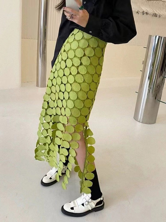 Elegant Round Piece Fringe Hollow Embroidery Irregular Mid-Length Skirt