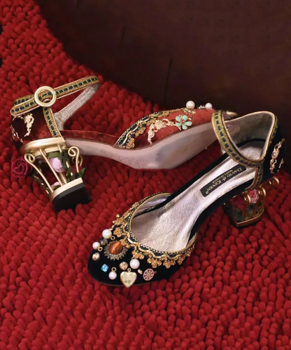 Court Style Zirconia Flower Black Buckle Strap Heels