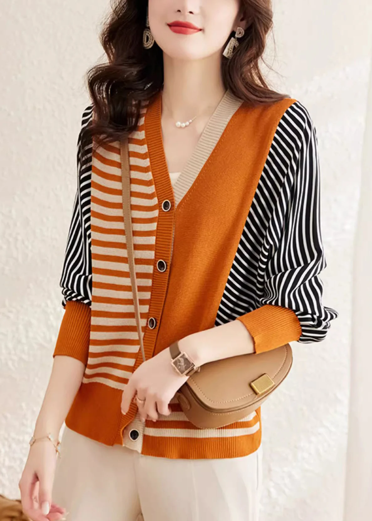 Women's Orange V-Neck Striped Button Down Cardigan Jacket