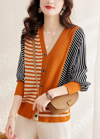 Women's Orange V-Neck Striped Button Down Cardigan Jacket