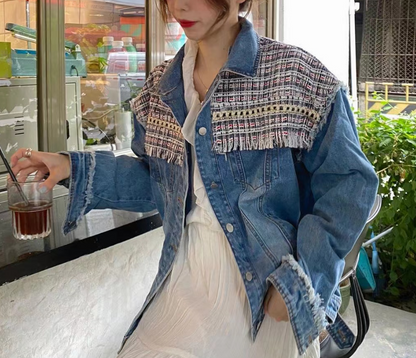 Casual Embroidered Fringe Spliced Denim Jacket