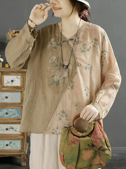 Fashion Embroidery Asymmetric Patchwork Cotton Long Sleeve Shirt Top