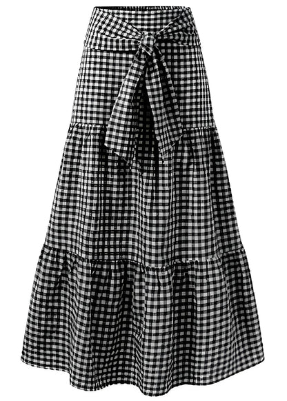 Women's Italian Plaid Pleated Tie Elastic Waist Hem Skirt Spring