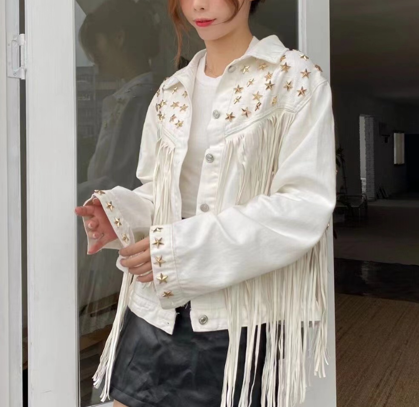 Stylish Pentagram Willow Tassel Trimmed Denim Jacket
