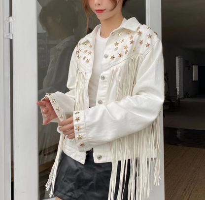 Stylish Pentagram Willow Tassel Trimmed Denim Jacket