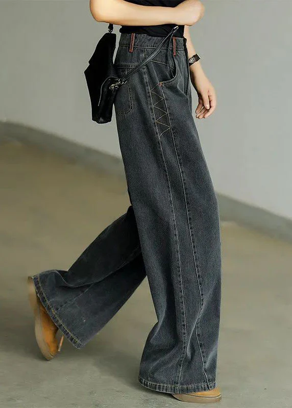 Women's High Waist Pocket Cotton Denim Wide Leg Pants Spring