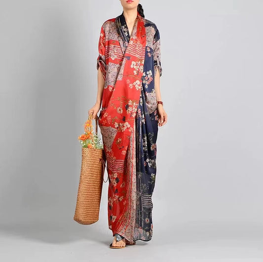 French Fishtail Printed Silk Gown V Neck Gown Long Dresses