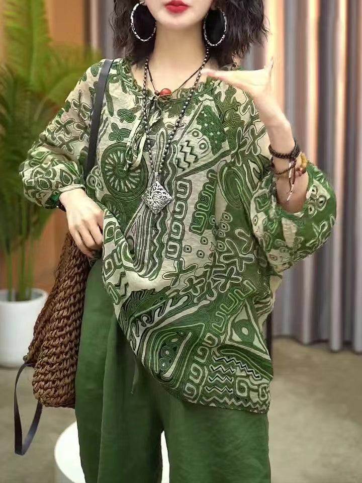 Chic Printed Round Neck Lantern Sleeve Blouse Top