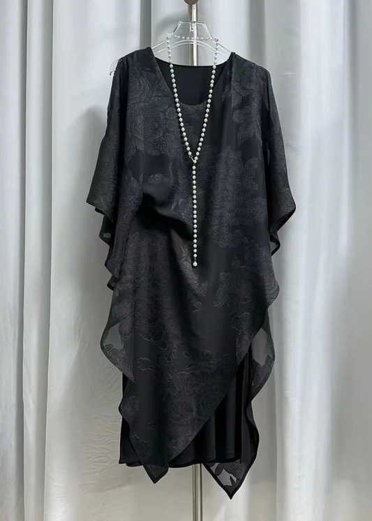 Women's Italian Black Ruched Batwing Sleeve Long Dress