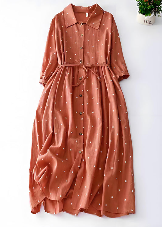 Orange Peter Pan Collar Printed Patchwork Cotton DressPolka dot