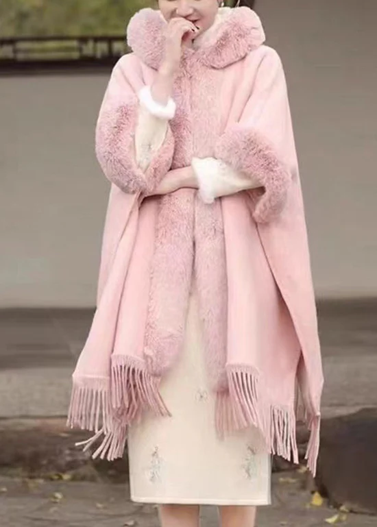 Women's Hair Collar Fringe Hooded Wool Fur Coat