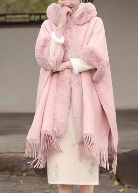 Women's Hair Collar Fringe Hooded Wool Fur Coat