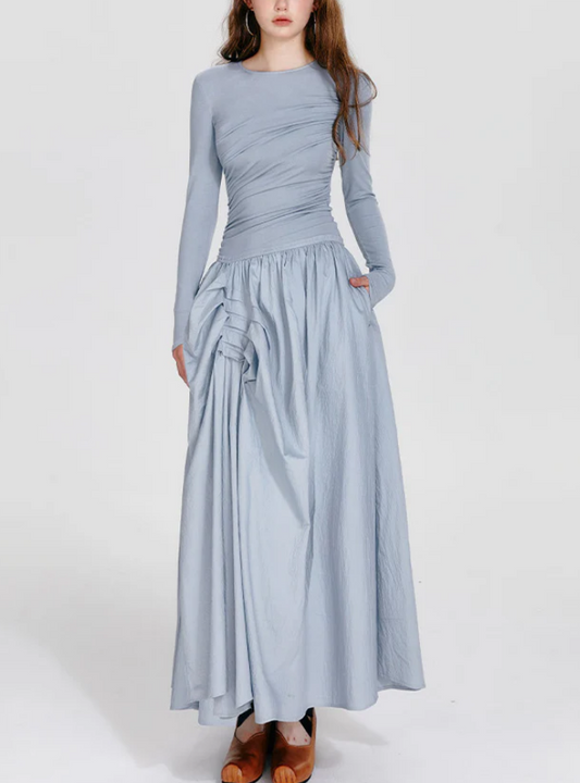 Women's Elegant Round Neck Asymmetric Pleated Long Sleeve Long Dresses