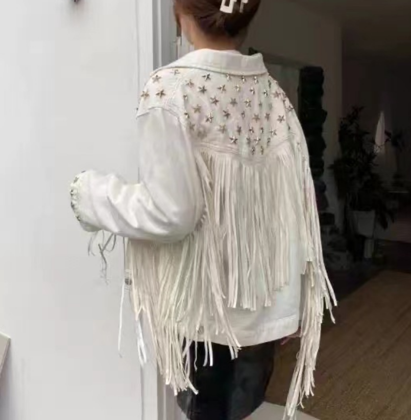 Stylish Pentagram Willow Tassel Trimmed Denim Jacket