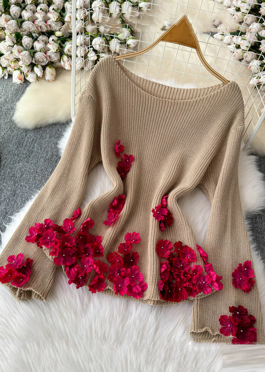 Khaki Slant Neck Floral Cotton Knit Sweater
