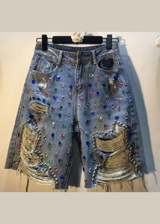 Organic cotton denim blue beaded patchwork high waisted ripped shorts jeans