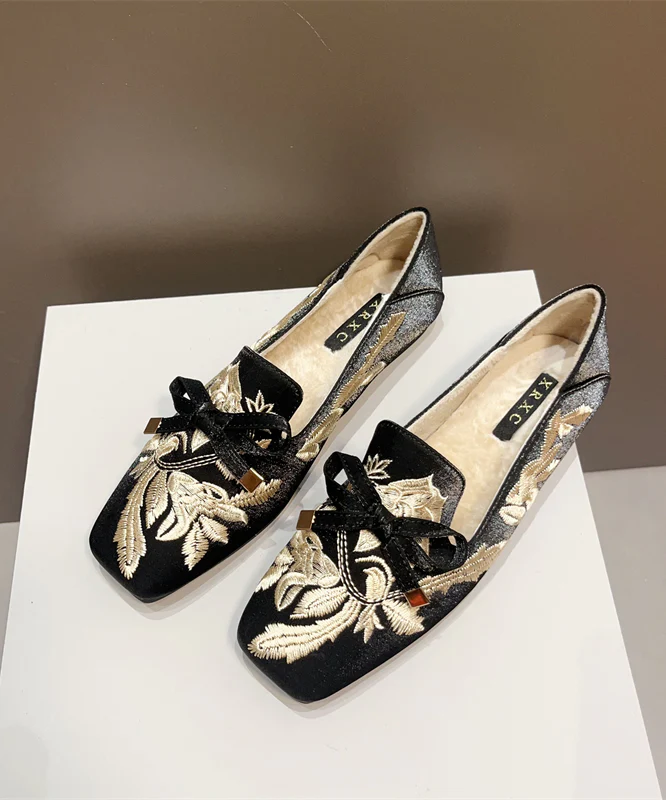 Vintage Black Embroidered Flats