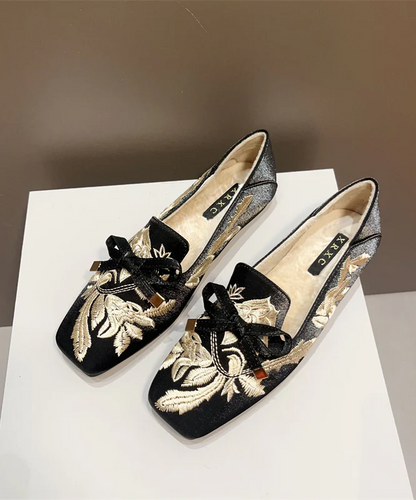 Vintage Black Embroidered Flats