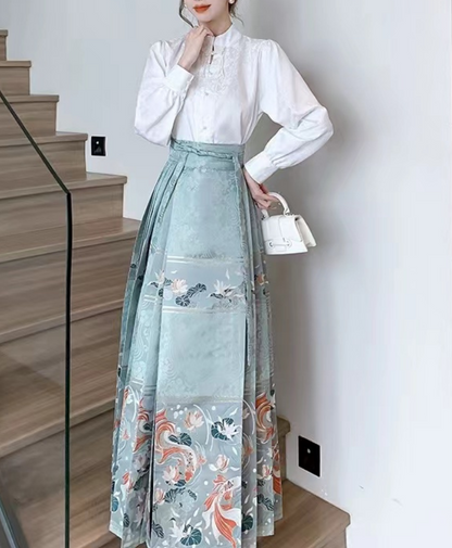 Women's Vintage High Waist Pleated Printed Strappy Skirt