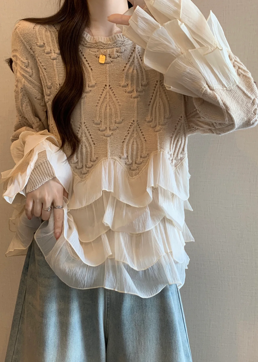 Women's Mom Party Apricot Ruffle Patchwork Knit Sweater Top