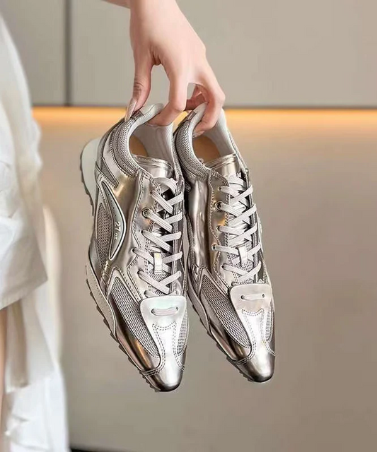 Women's Silver Faux Leather Lace Up Patchwork Jersey Pointed Toe Sneakers