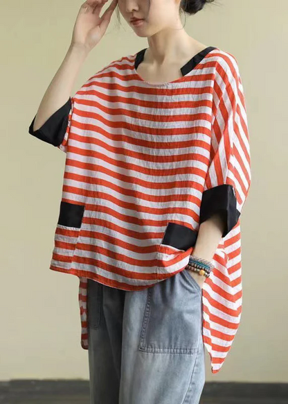 Plus Size Collar Striped Low Height Design Cotton Shirt Top