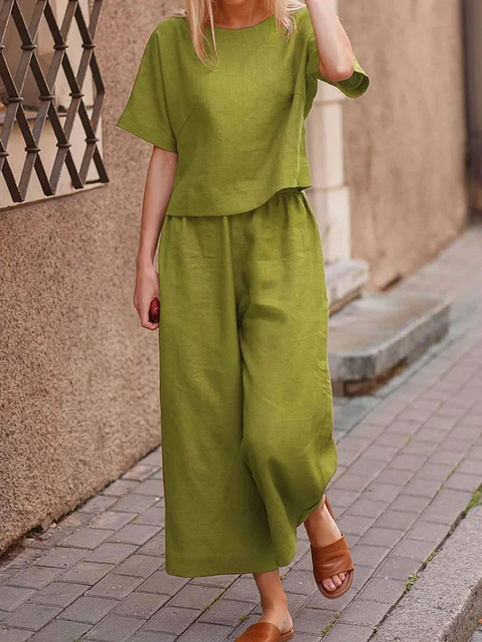 Women's Big Size Linen Casual Top and Wide Leg Pants Set Spring