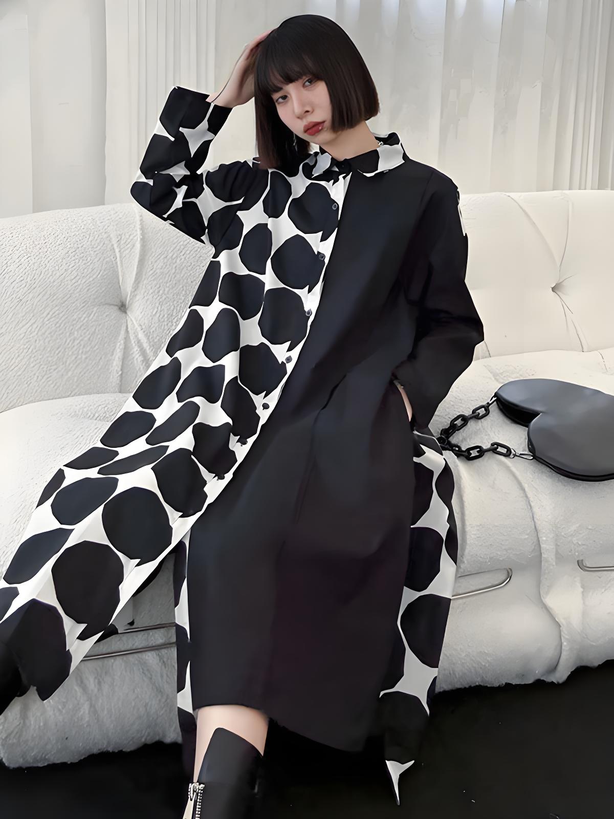 Irregular Polka Dot Splicing Button Lapel Long Sleeve Dress Spring