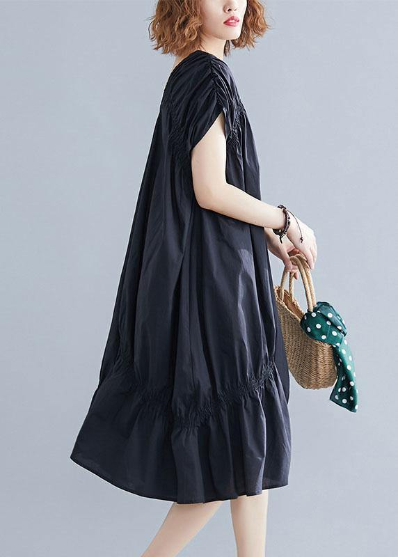 Italian V-neck waisted cotton dress black dress